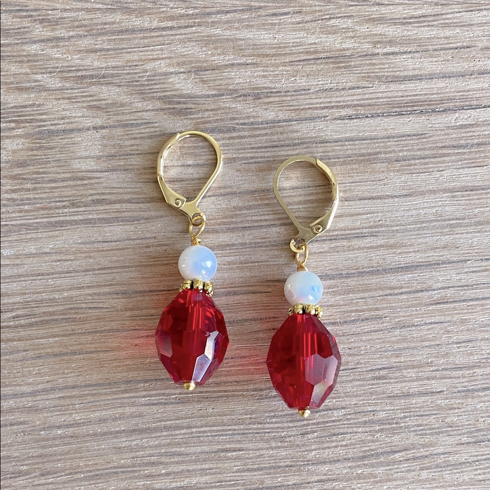 HAND CRAFTED DROP EARRINGS Faceted Red Gold White Faux Pearls Holiday Christmas